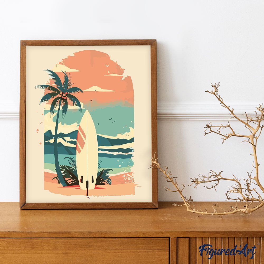 Malen nach Zahlen 40x50cm auf Keilrahmen gespannt Figured’Art Surfbrett am Strand - Kidis Art