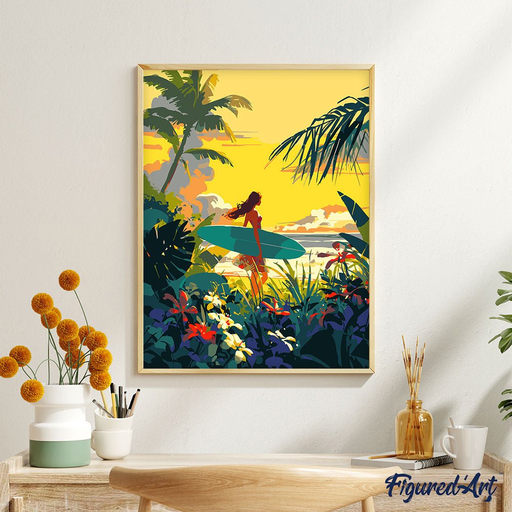 Malen nach Zahlen 40x50cm auf Keilrahmen gespannt Figured’Art Surfer bei Sonnenuntergang - Kidis Art