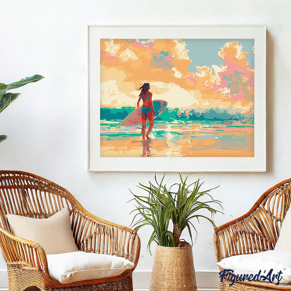 Malen nach Zahlen 40x50cm auf Keilrahmen gespannt Figured’Art Surfmädchen im Morgengrauen - Kidis Art