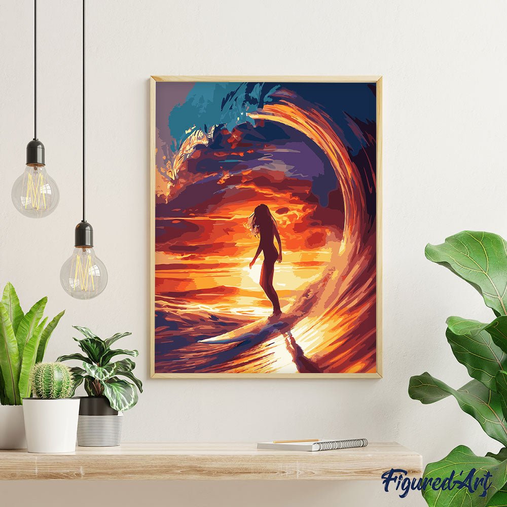 Malen nach Zahlen 40x50cm auf Keilrahmen gespannt Figured’Art Surfmädchen und die grosse Welle - Kidis Art