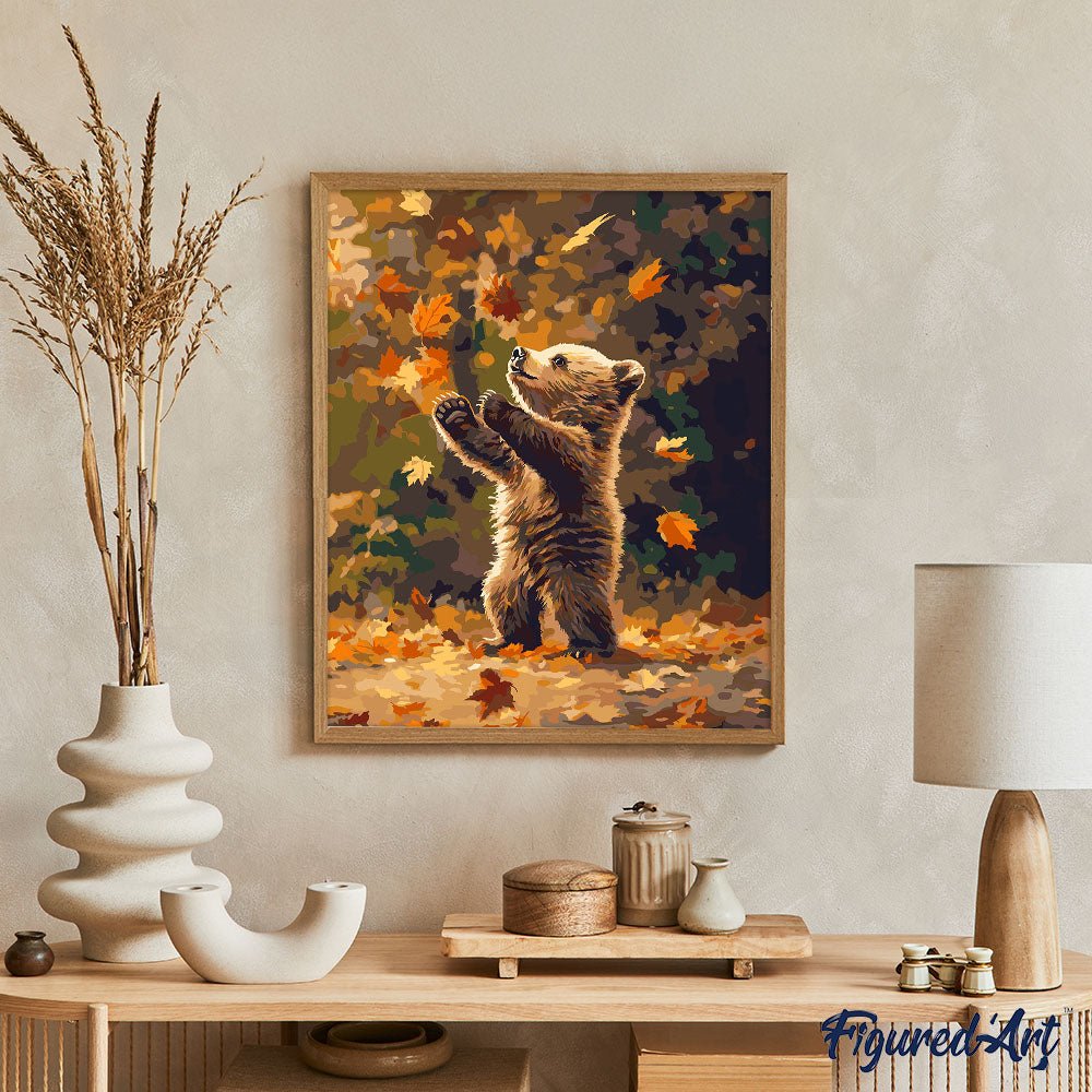 Malen nach Zahlen 40x50cm auf Keilrahmen gespannt Figured’Art Teddybär und fallende Blätter - Kidis Art