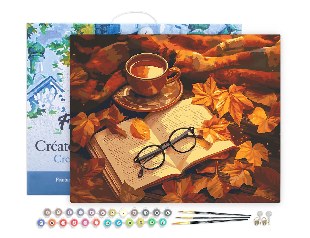 Malen nach Zahlen 40x50cm auf Keilrahmen gespannt Figured’Art Tee und Buch im Herbst - Kidis Art