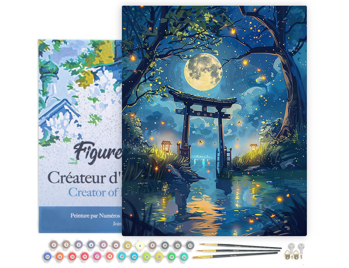 Malen nach Zahlen 40x50cm auf Keilrahmen gespannt Figured’Art Torii im Mondlicht und Glühwürmchen - Kidis Art