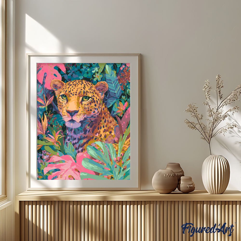 Malen nach Zahlen 40x50cm auf Keilrahmen gespannt Figured’Art Tropischer Leopard - Kidis Art