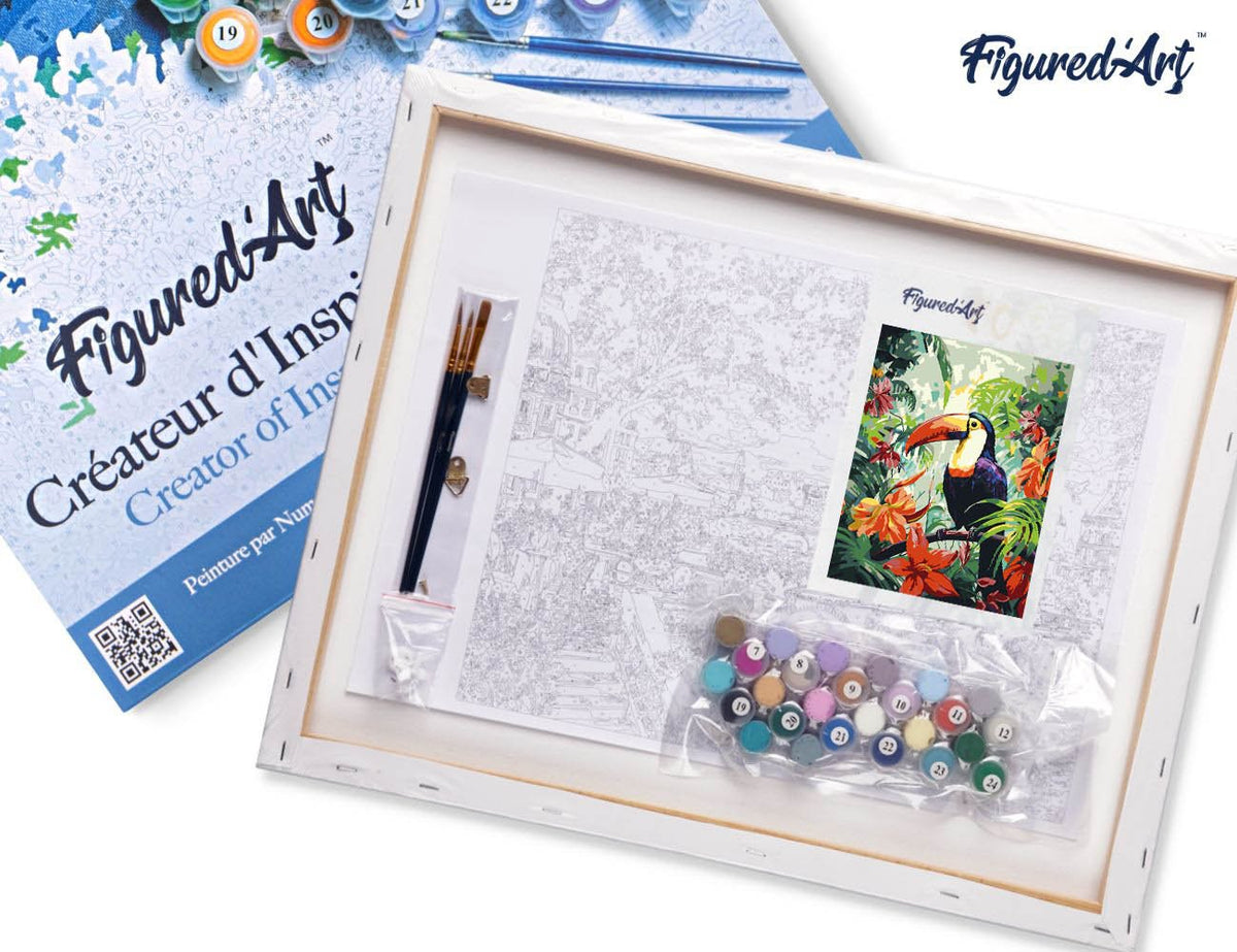 Malen nach Zahlen 40x50cm auf Keilrahmen gespannt Figured’Art Tukan im Dschungel - Kidis Art