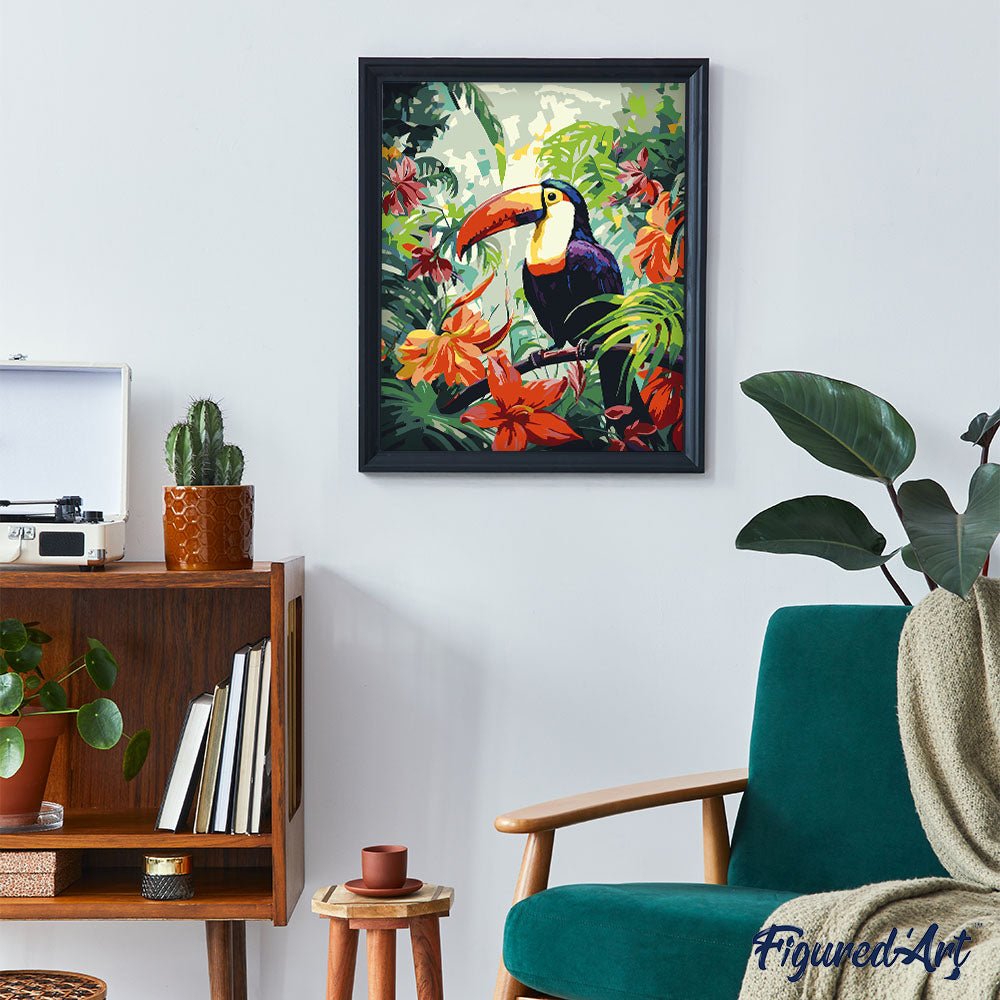Malen nach Zahlen 40x50cm auf Keilrahmen gespannt Figured’Art Tukan im Dschungel - Kidis Art