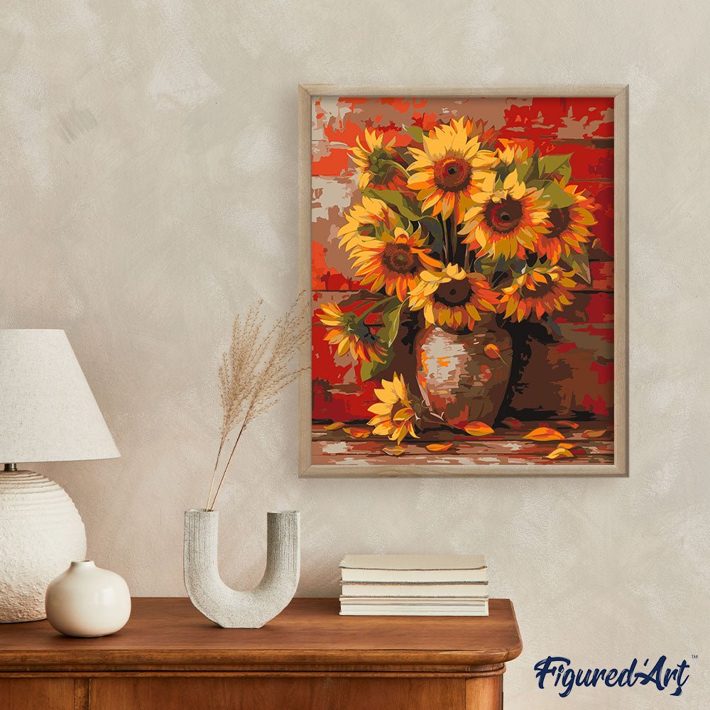 Malen nach Zahlen 40x50cm auf Keilrahmen gespannt Figured’Art Vase mit herbstlichen Sonnenblumen - Kidis Art