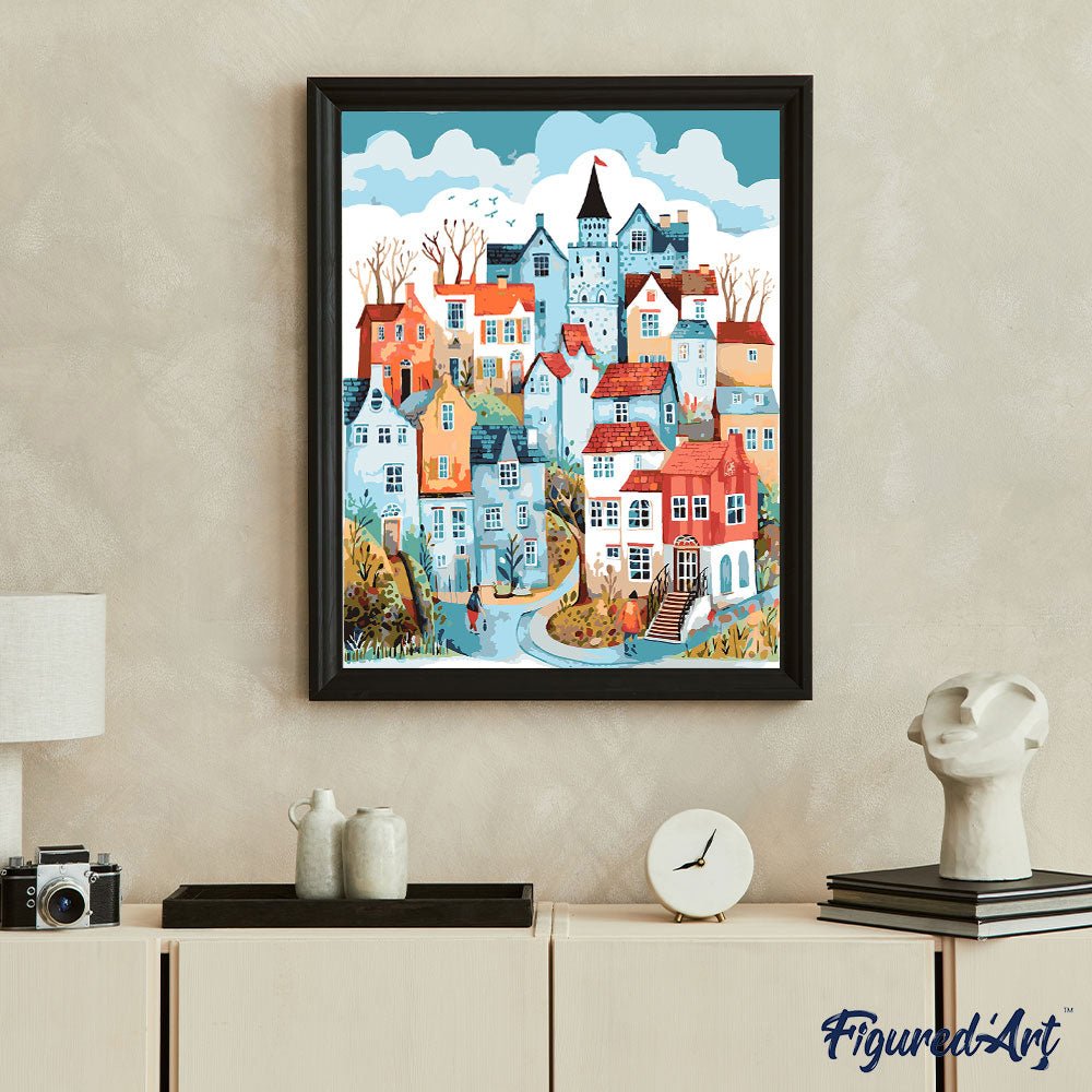 Malen nach Zahlen 40x50cm auf Keilrahmen gespannt Figured’Art Verzaubertes blaues Dorf - Kidis Art
