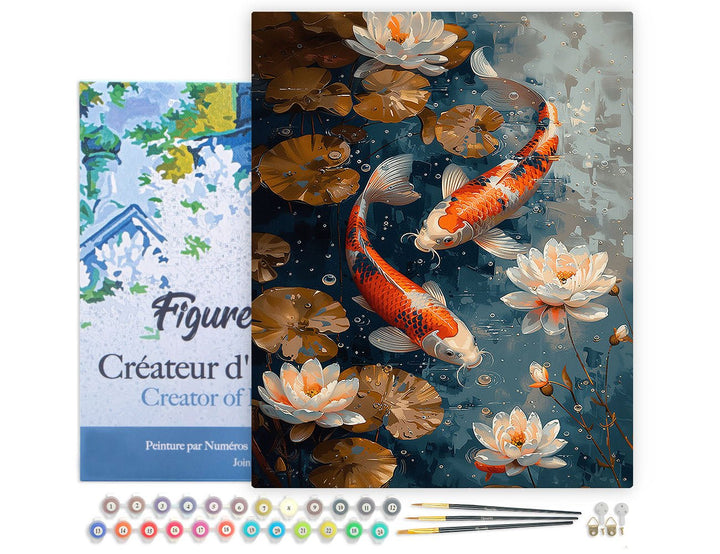 Malen nach Zahlen 40x50cm auf Keilrahmen gespannt Figured’Art Vintage-Koi-Karpfen und Blumen - Kidis Art