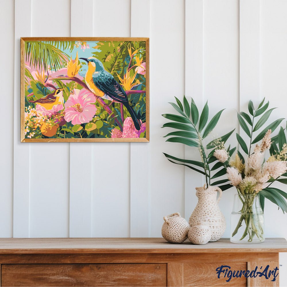Malen nach Zahlen 40x50cm auf Keilrahmen gespannt Figured’Art Vögel im tropischen Garten - Kidis Art