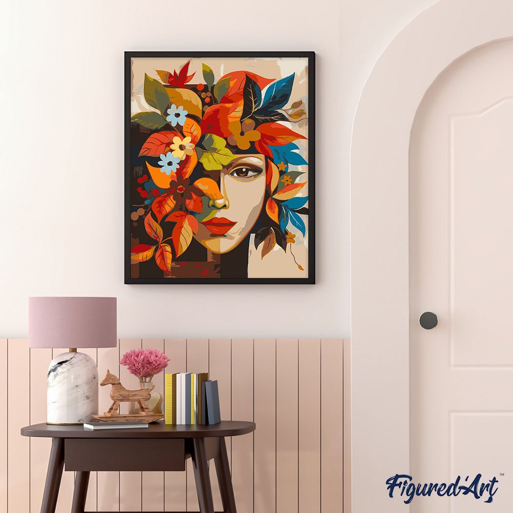 Malen nach Zahlen 40x50cm auf Keilrahmen gespannt Figured’Art Von Picasso inspiriertes Herbstblumengesicht - Kidis Art