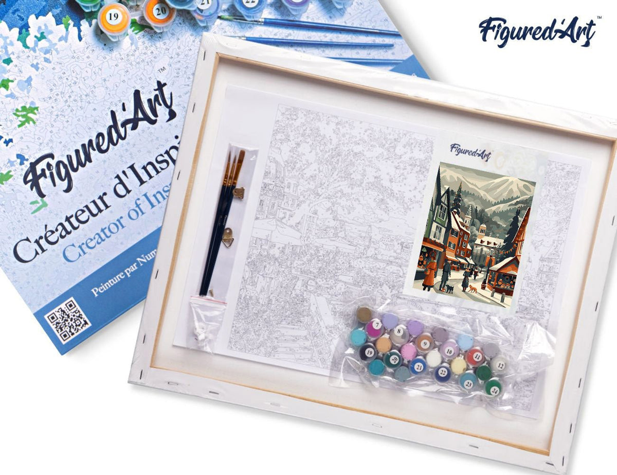 Malen nach Zahlen 40x50cm auf Keilrahmen gespannt Figured’Art Weihnachtsmarkt im Tal - Kidis Art