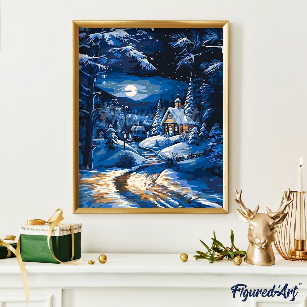 Malen nach Zahlen 40x50cm auf Keilrahmen gespannt Figured’Art Wintercottage im Mondschein - Kidis Art