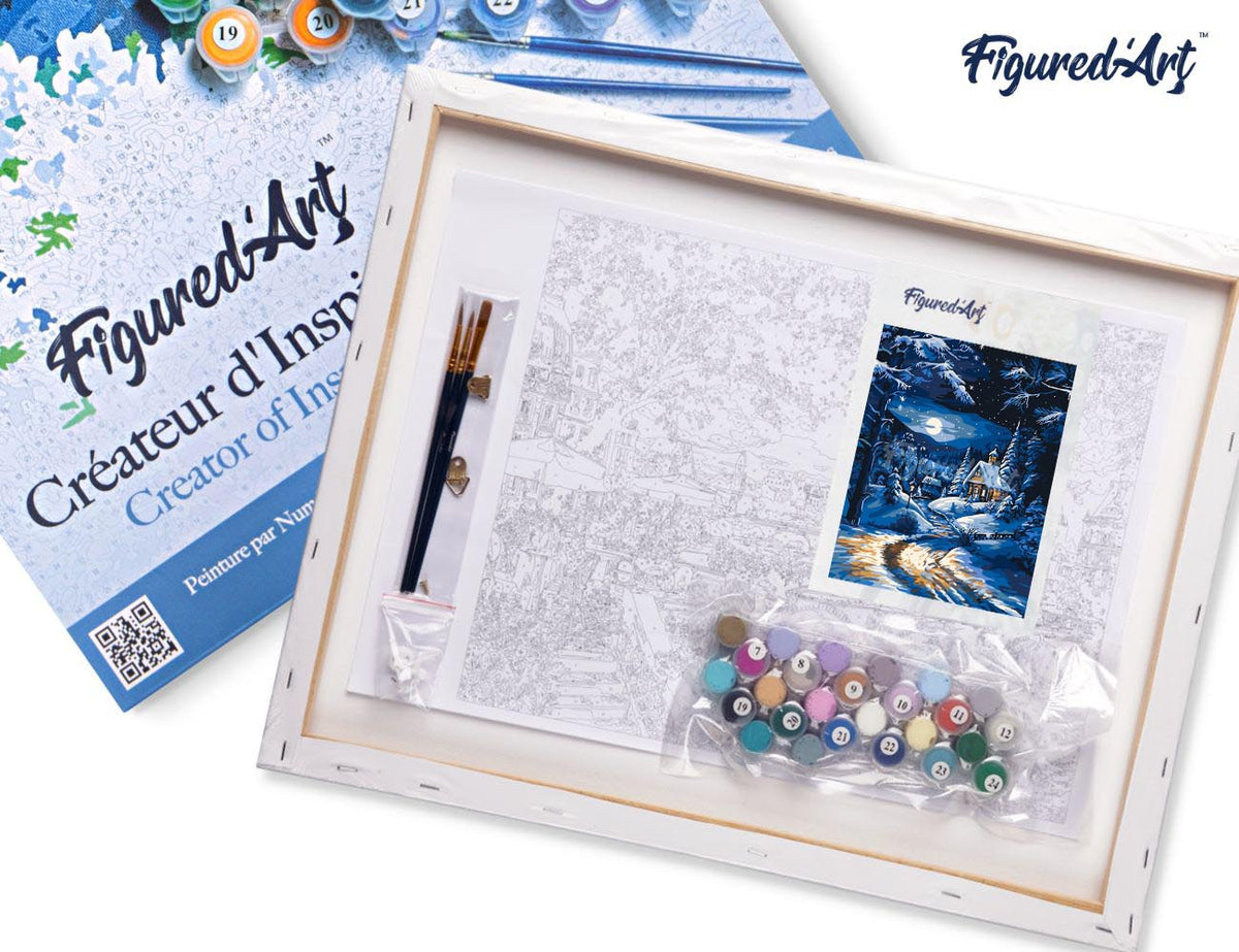 Malen nach Zahlen 40x50cm auf Keilrahmen gespannt Figured’Art Wintercottage im Mondschein - Kidis Art
