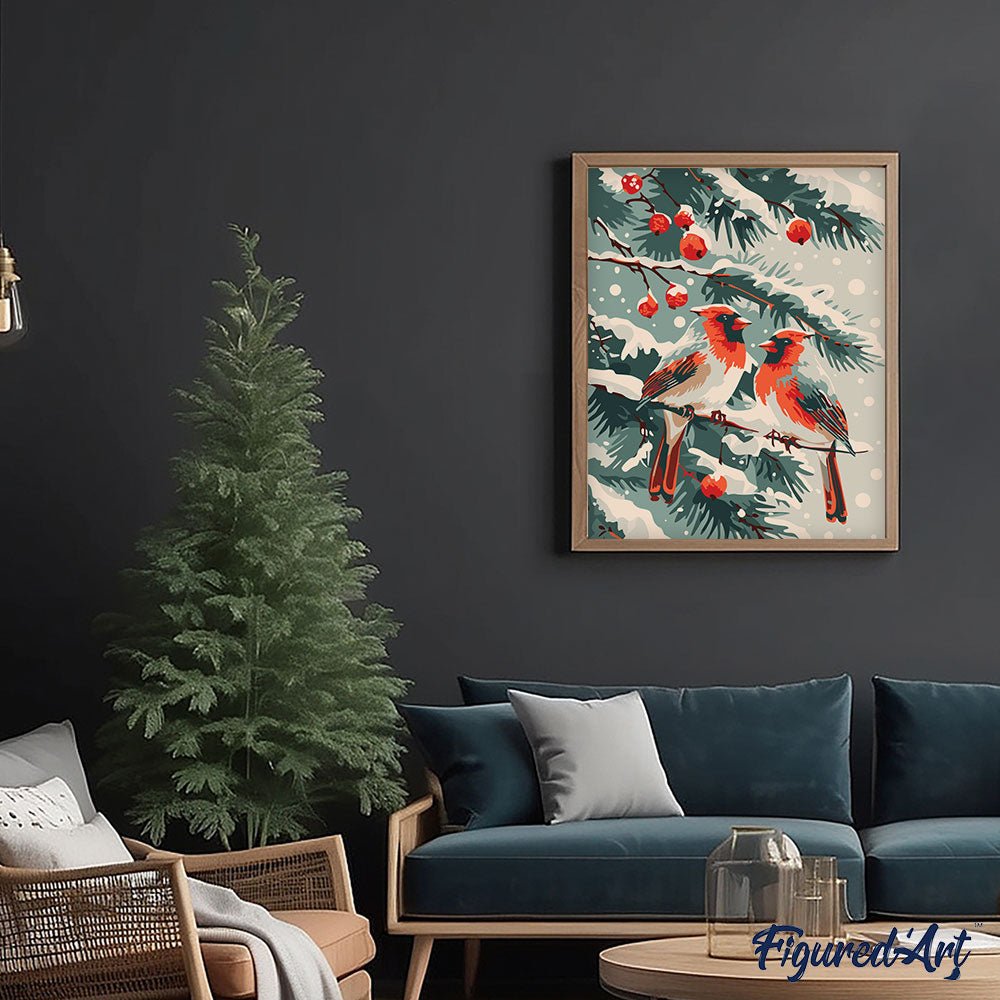 Malen nach Zahlen 40x50cm auf Keilrahmen gespannt Figured’Art Winterkardinal - Kidis Art