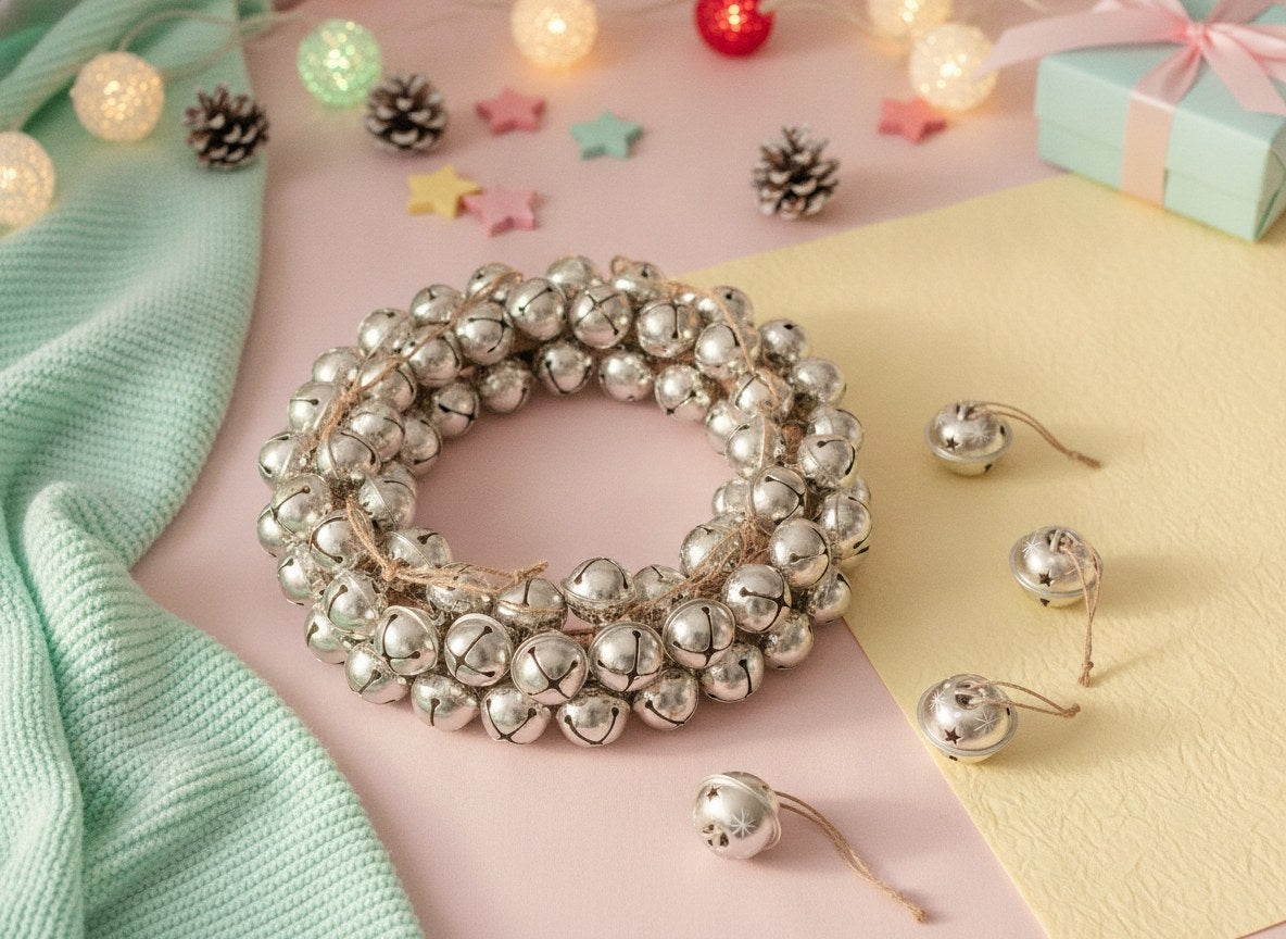 Silberne Metall-Glöckchen aus Naturjute zu Deko-Wreath verbunden