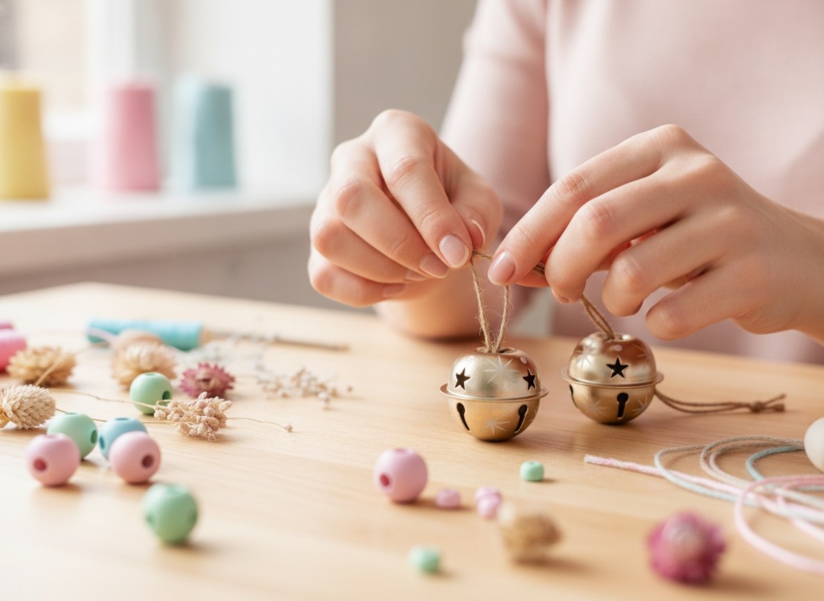 Hände hängen goldene Metall-Glöckchen mit Sternausschnitt an Weihnachtsdeko
