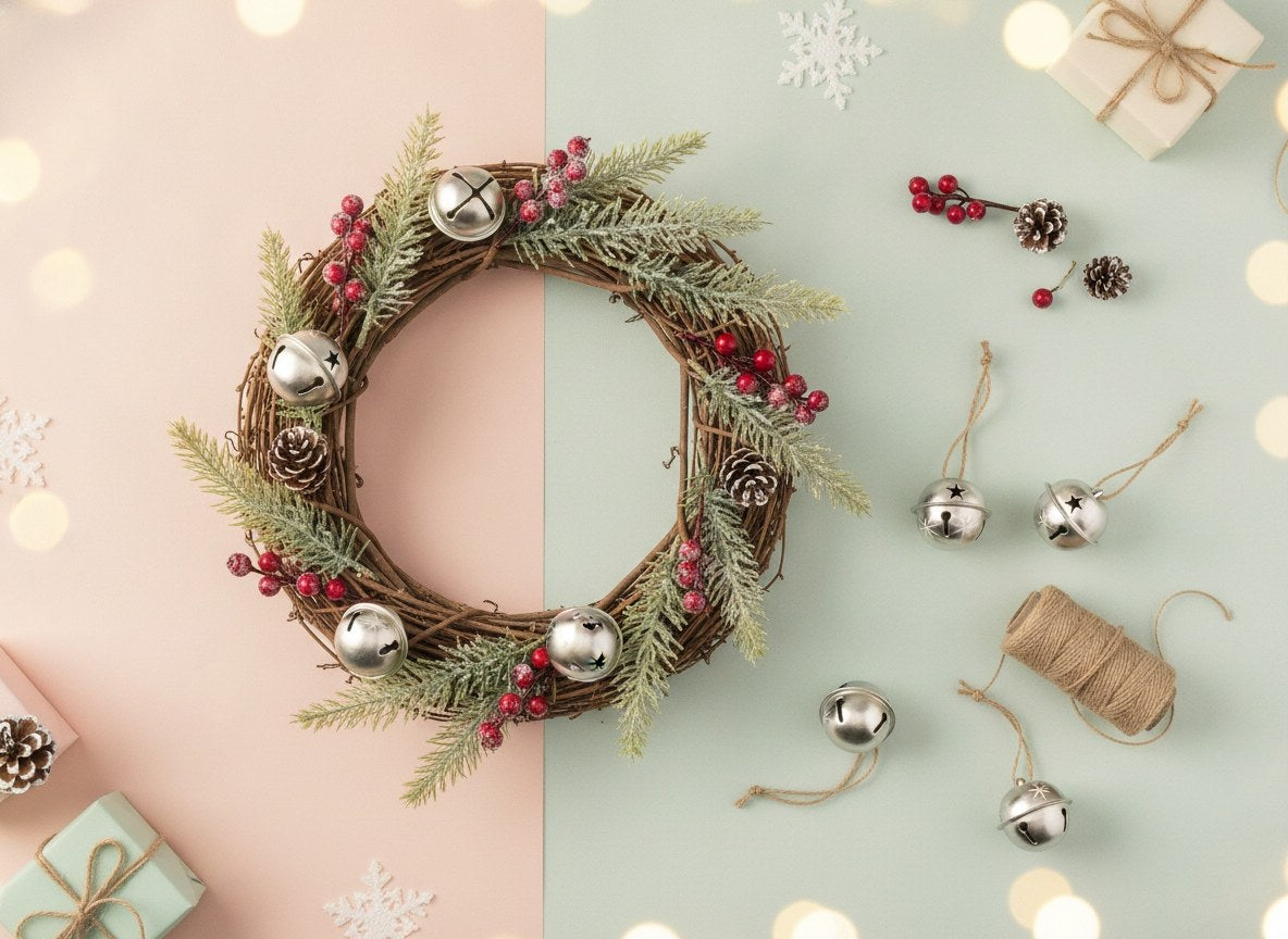 Champagnerfarbene Metall-Glöckchen als Weihnachtsdeko auf Adventskranz mit Beeren