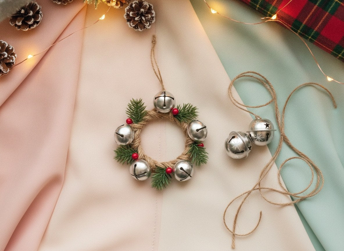 Silberne Metall-Glöckchen mit Garnschlaufe im kleinen Adventskränzchen aus Jute