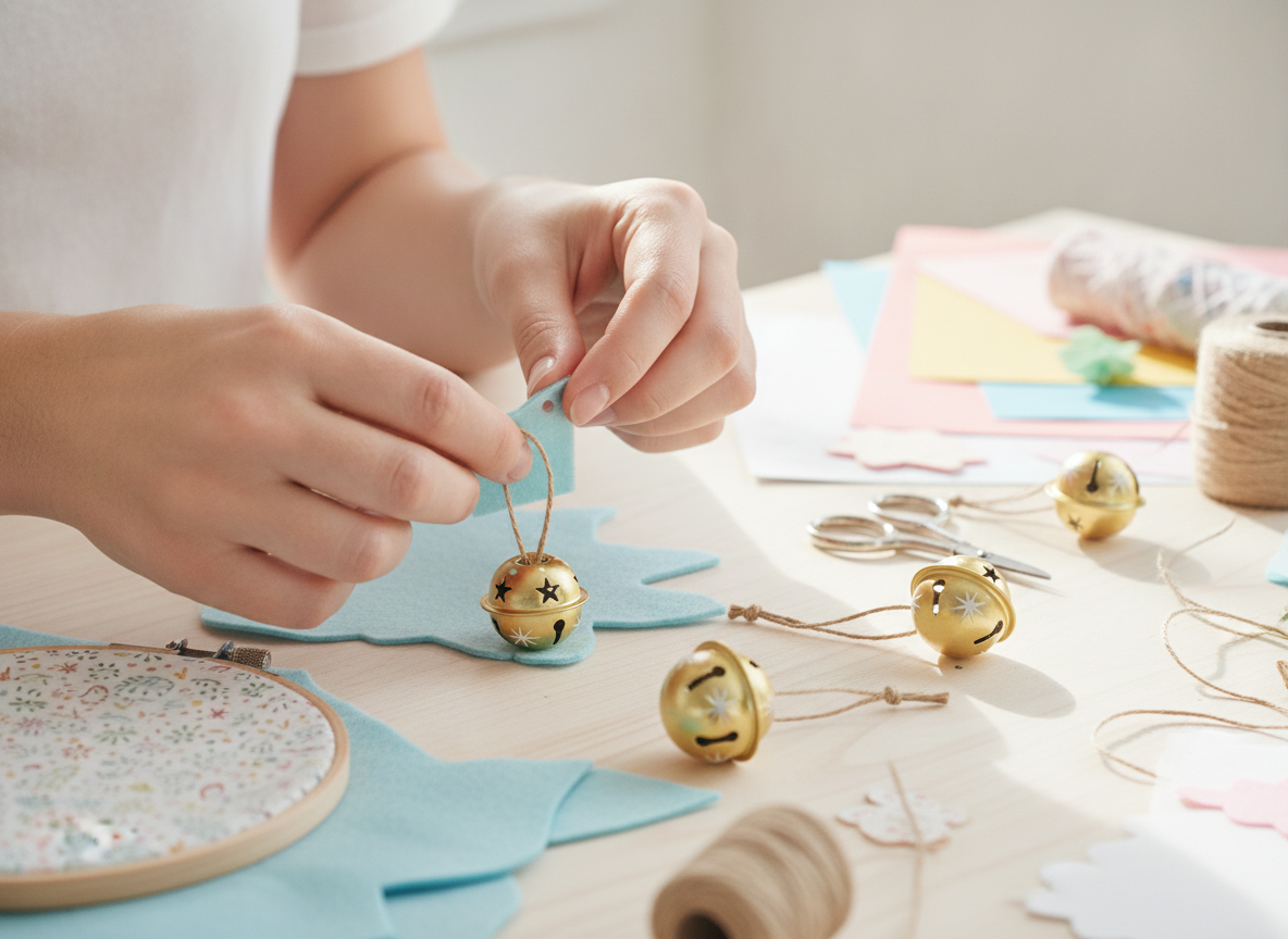Fai da te con campanelle metalliche dorate: incastonatura in feltro blu per progetti DIY