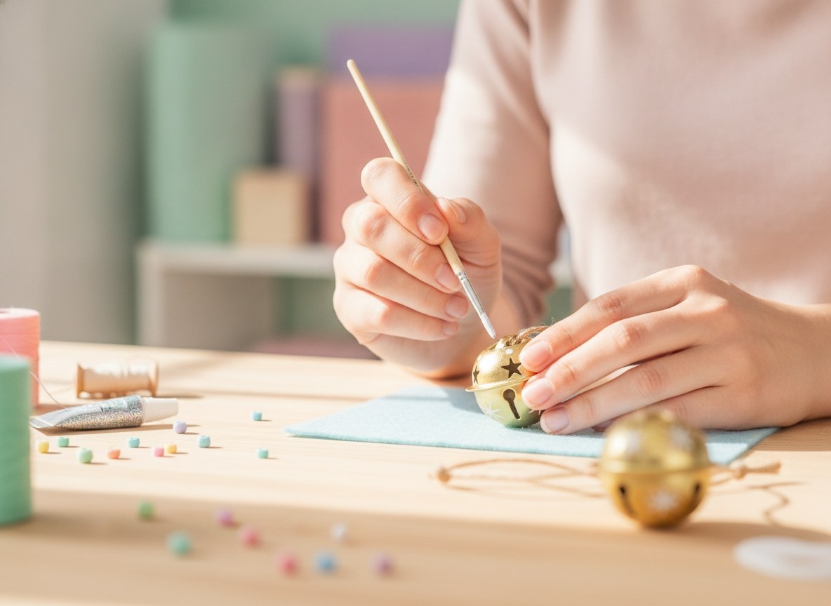 Person bemalt goldenes Metall-Glöckchen mit feinem Pinsel für individuelle Deko