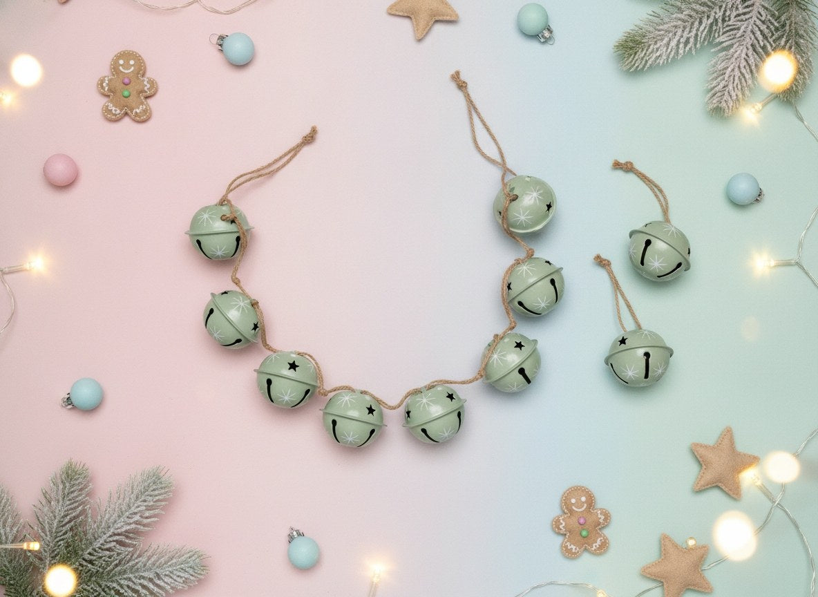 Grüne Metallglöckchen Kette als Baumdeko umgeben von Tannenzweigen und Lichterkette