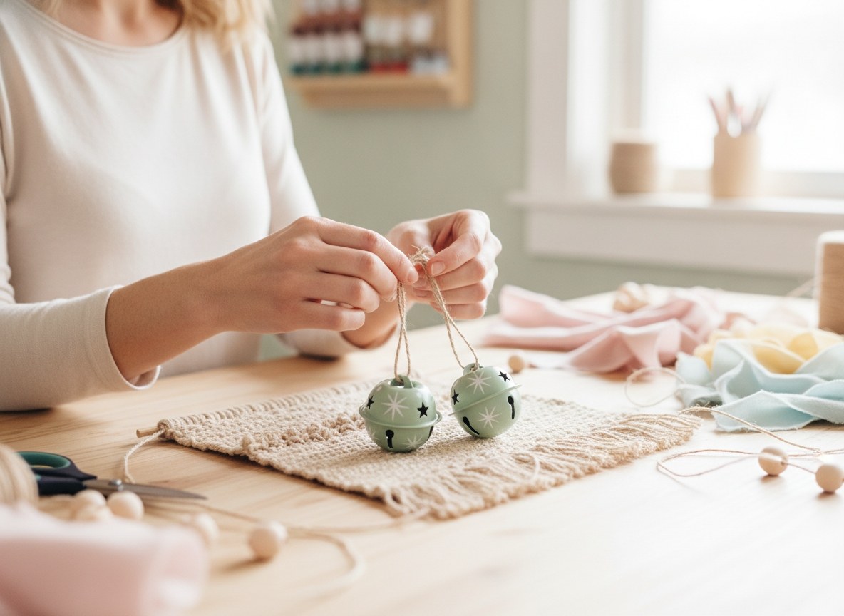 Weihnachtsdeko Basteln: Glöckchen an Garn binden