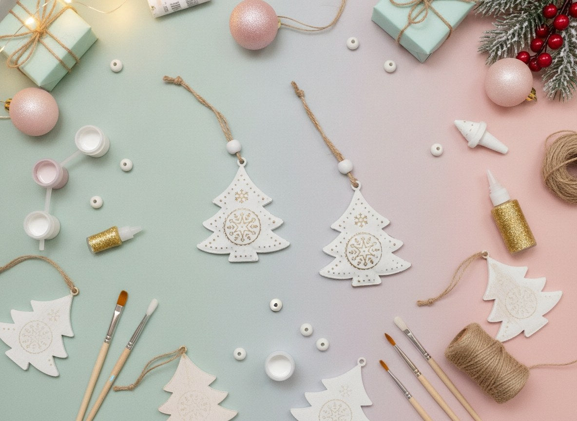 Metall Weihnachtsdeko Baum im DIY Styling mit Bastelutensilien und Goldglitter