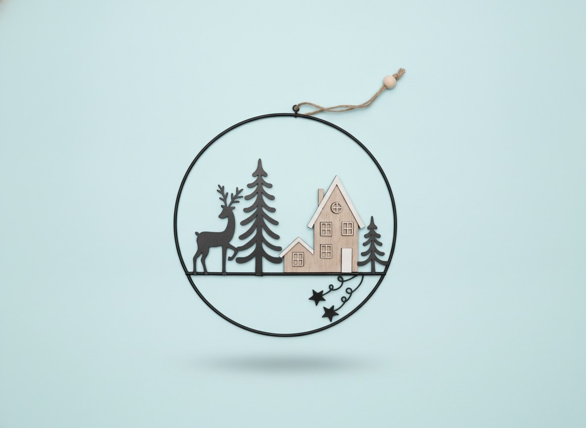 Runder Metallhänger Winterlandschaft mit Holzkugel und Juteaufhänger