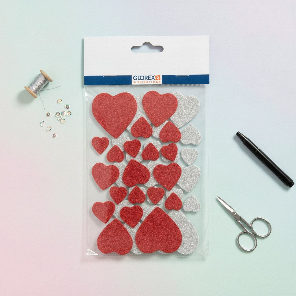 Glorex Moosgummi Glitter-Sticker Herzen rot und silber, 40 Stück auf weißem Trägerpapier mit blauem Header