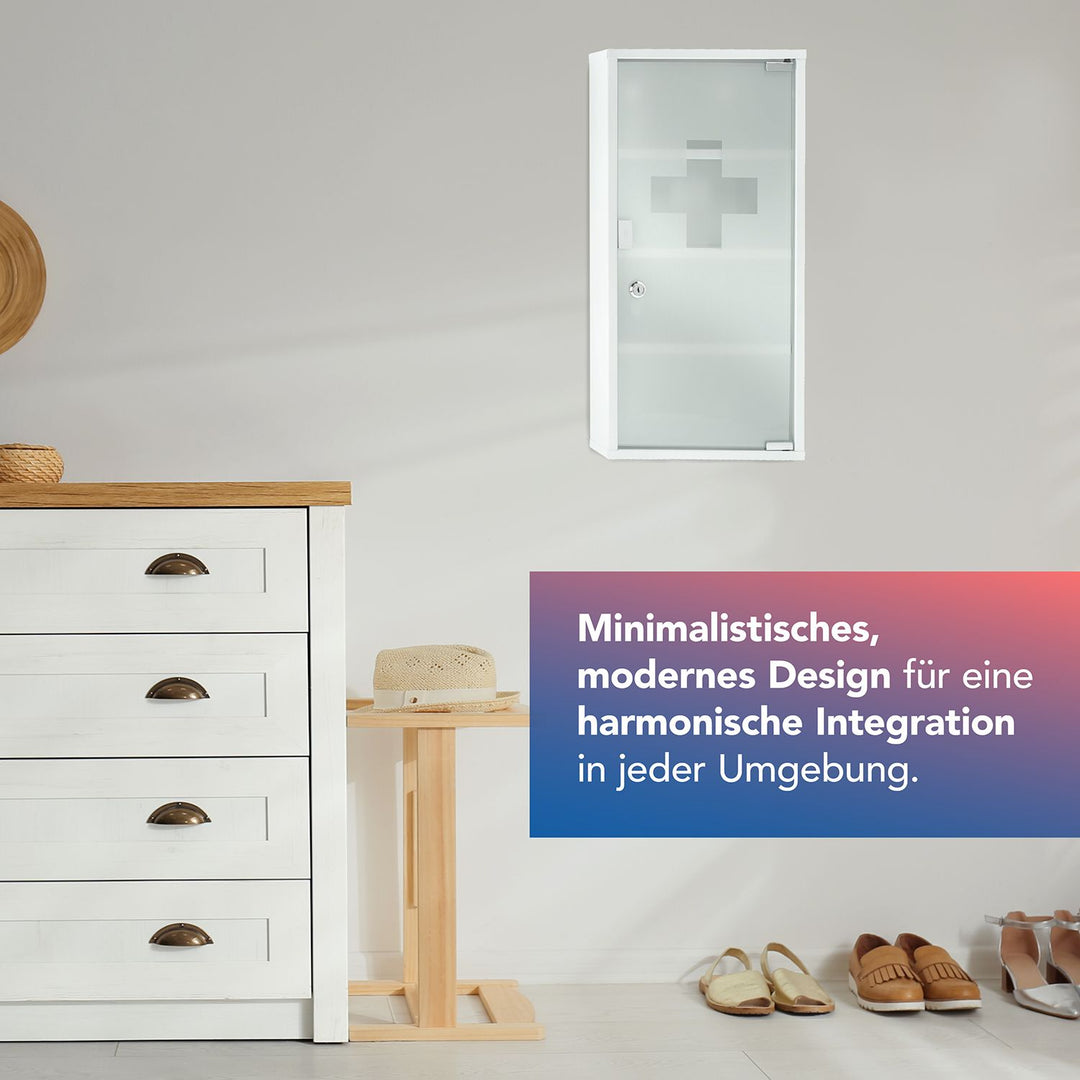 Verbandschrank DIN 13157 Weiß mit Glastür und 4 Fächern