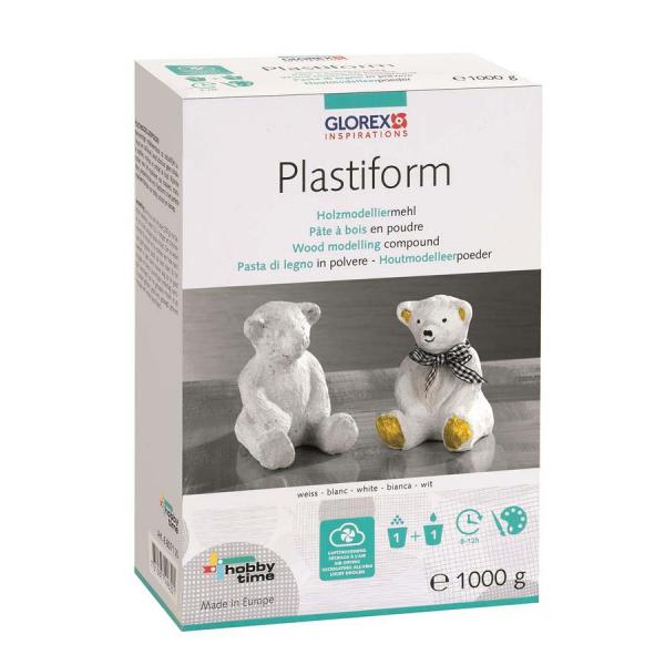 Eine Schachtel Glorex Plastiform elfenbein, 1 kg Fichte, zeigt auf der Vorderseite zwei Bärenfiguren (eine weiß, eine dekoriert). Die Verpackung enthält mehrsprachigen Text zum einfachen Modellieren.