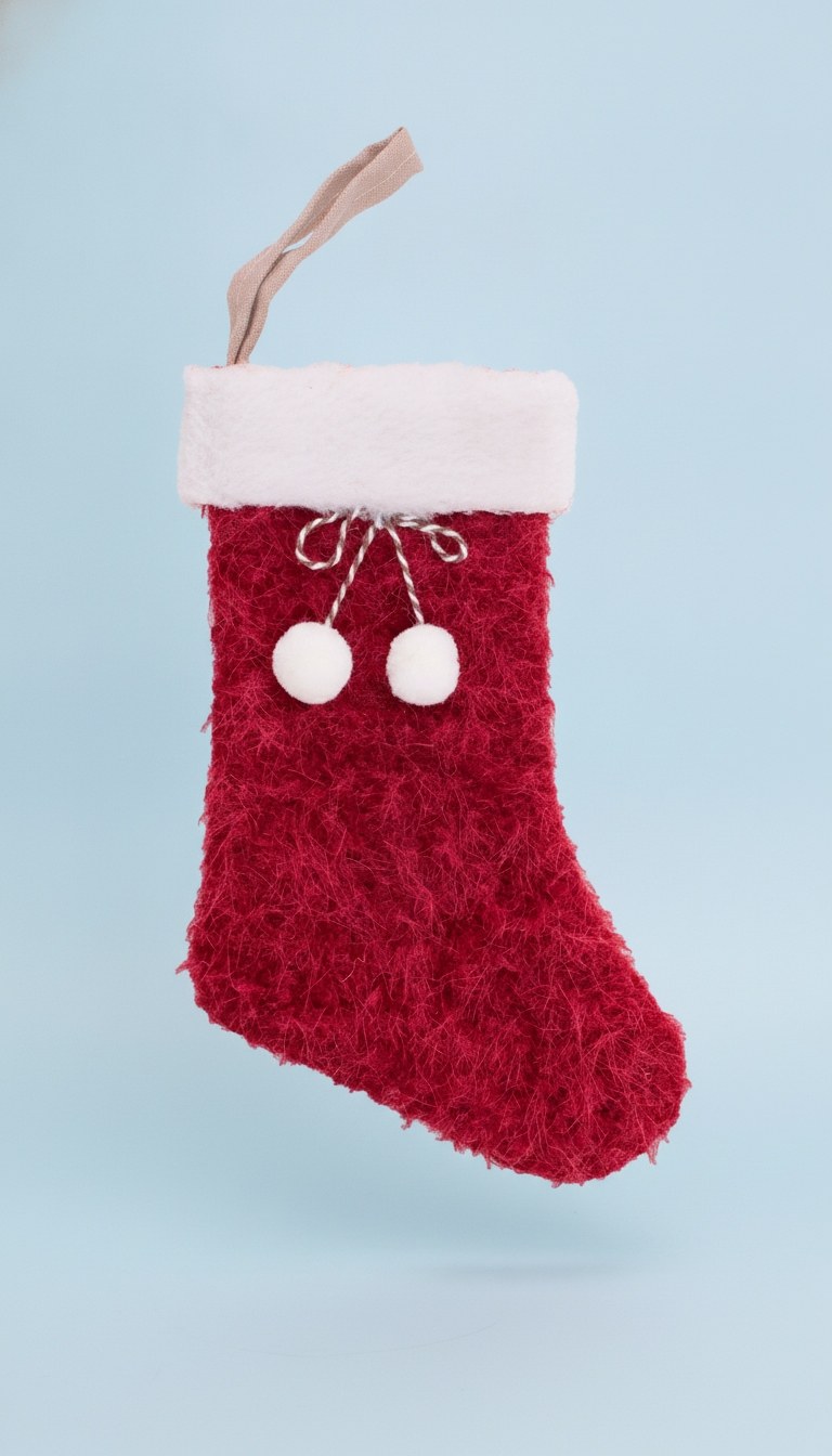 Rote Plüschweihnachtssocke mit weißem Flauschbund und Pompons an rot-weißem Garn