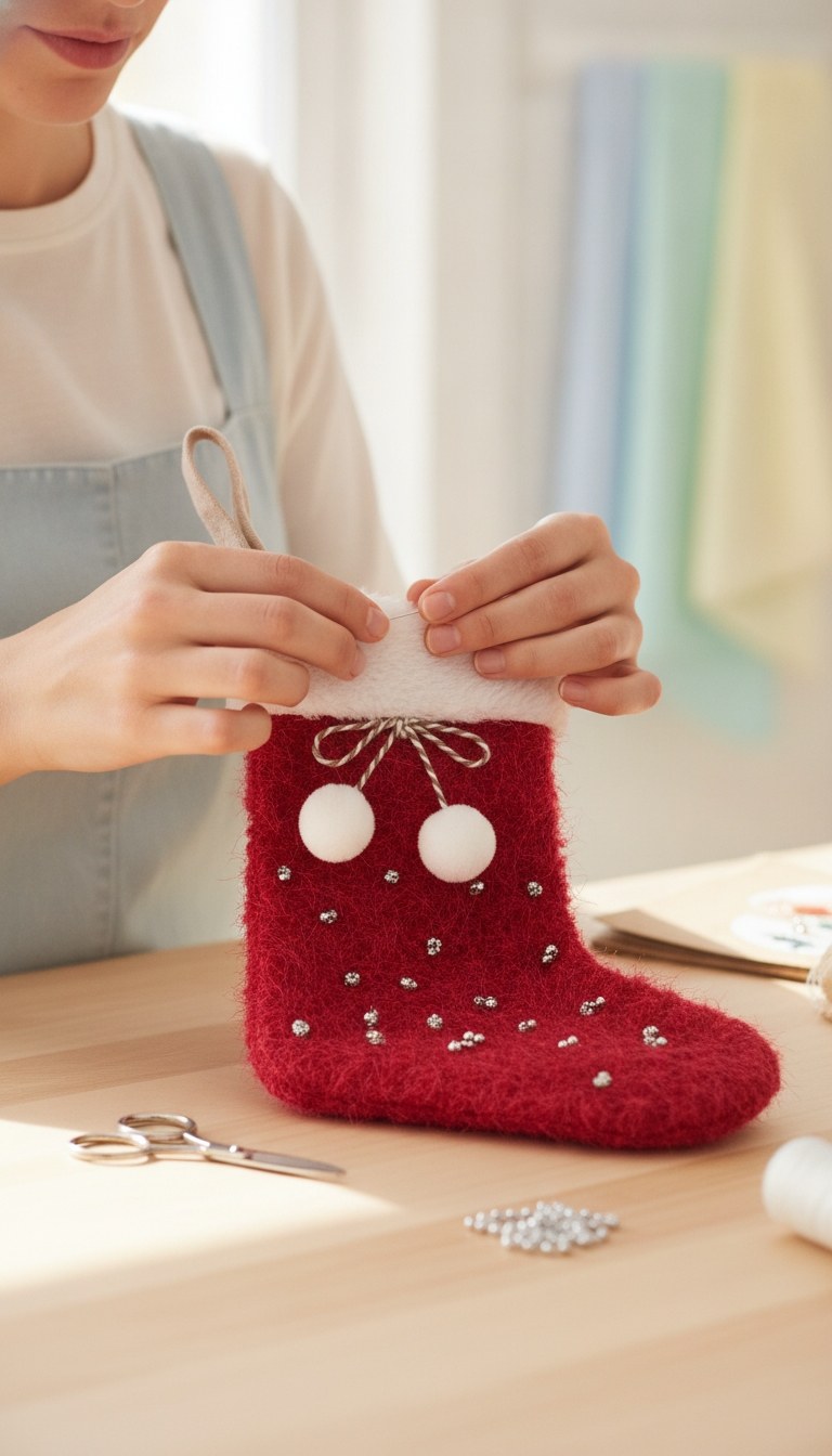Nahaufnahme rote Plüschsocke mit weißem Bommelrand, Filzpompons und Glitzersteinen auf Holztisch