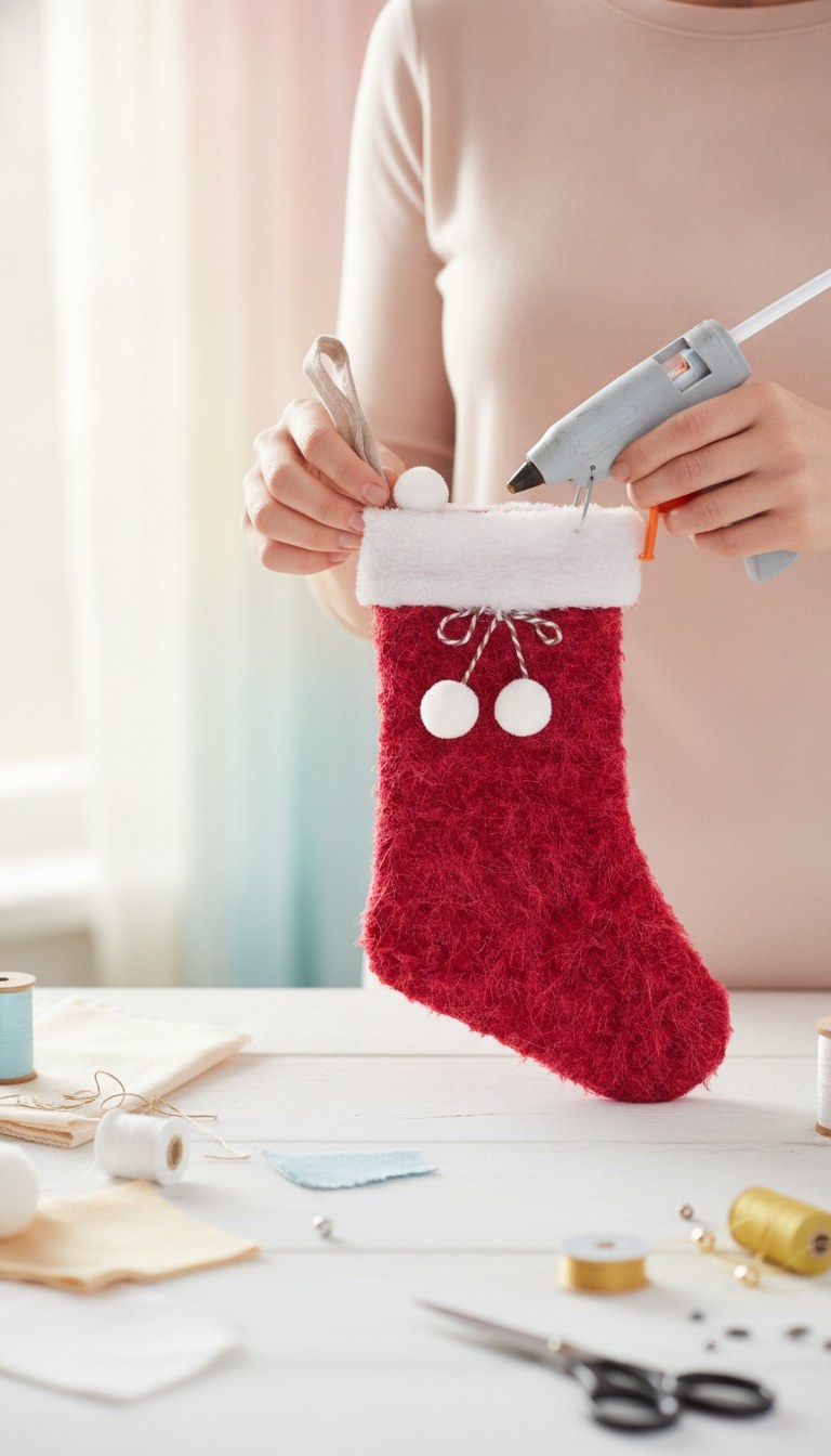 Person befestigt rote Weihnachtsdeko-Plüschsocke mit Heißkleber an Arbeitstisch