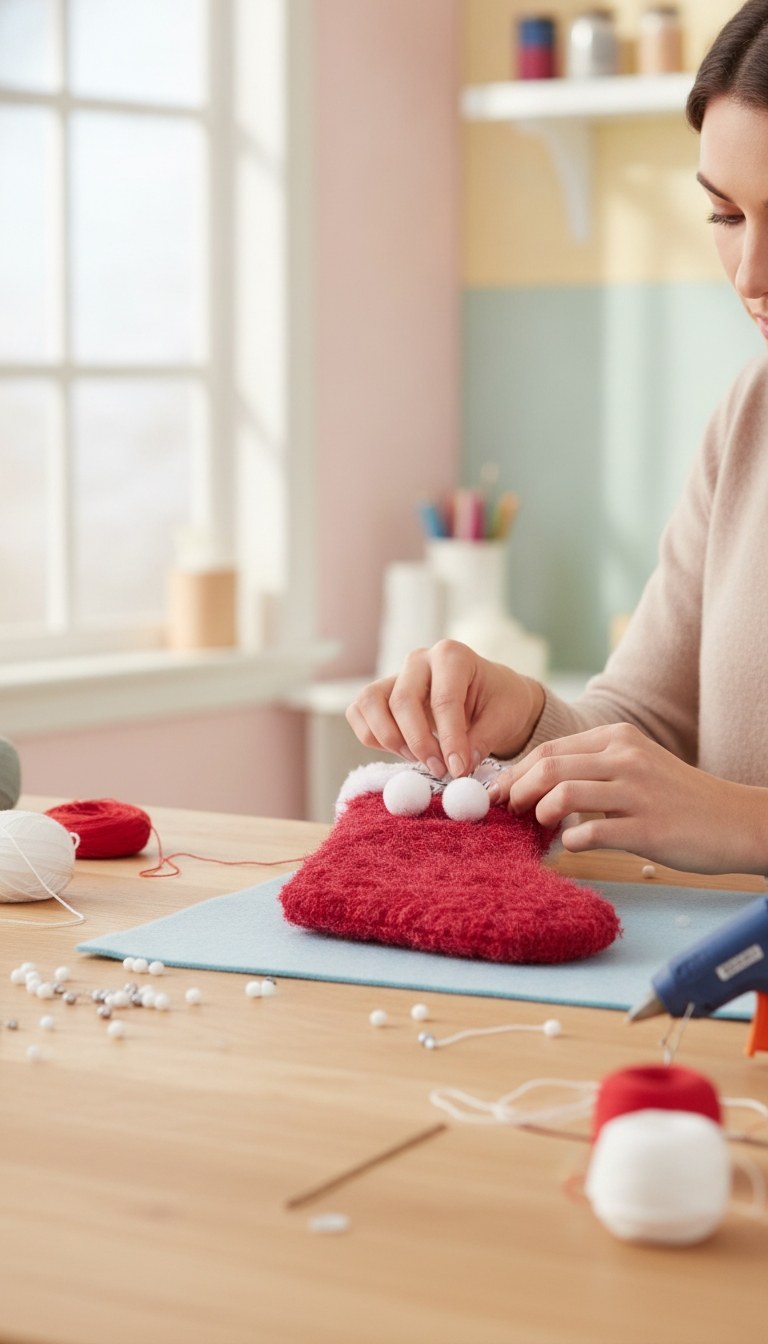 Hände befestigen weiße Filzpompons an roter Plüschsocke auf blauer Schneidematte