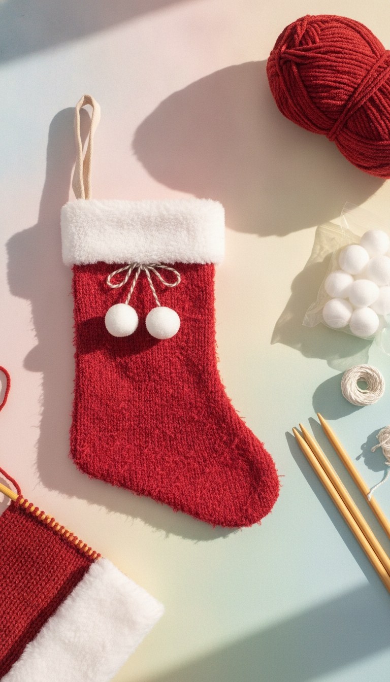 Rote Stricksocke mit weißem Plüschbund und Pompons neben Garn und Stricknadeln