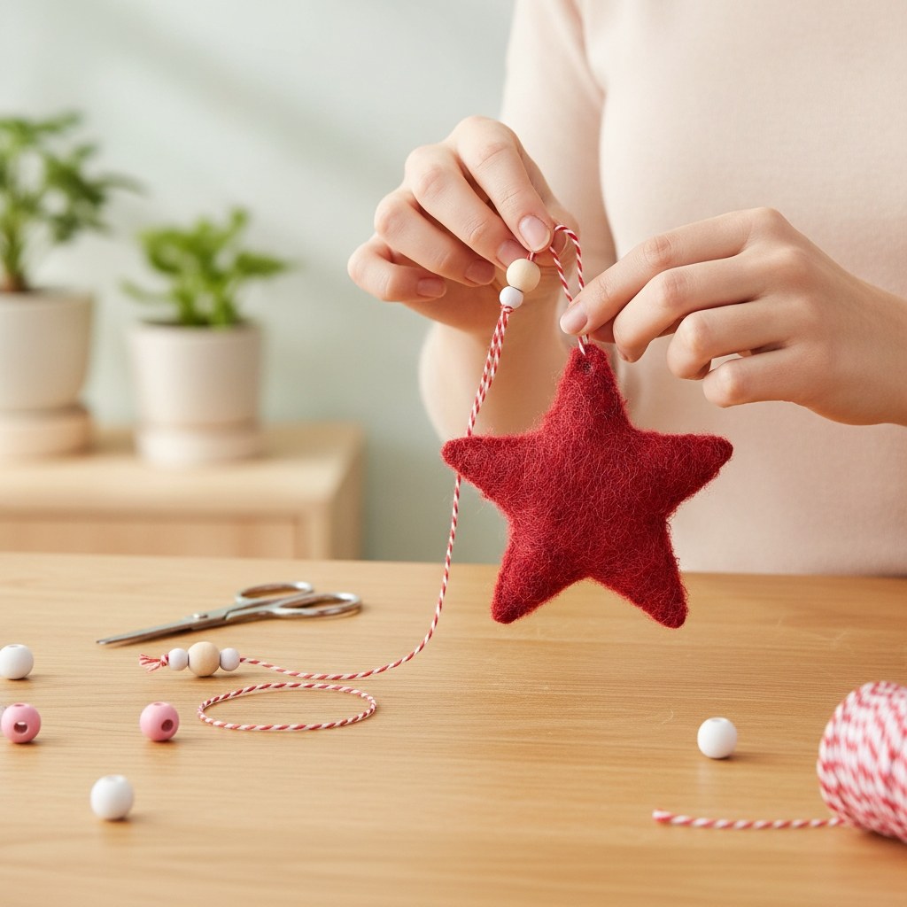 Hände halten roten Plüschstern Ornament über Holztisch als DIY Kinderzimmerdeko Idee