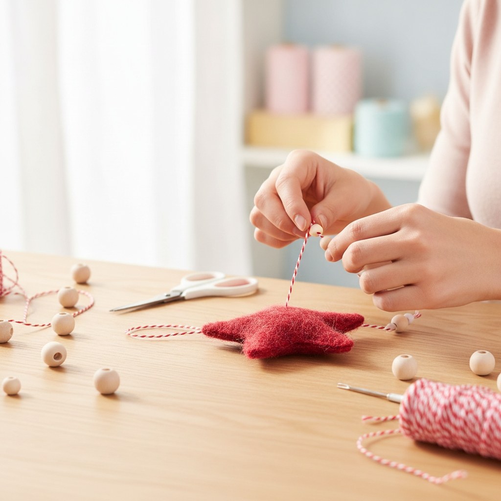 Hände bauen rotes Plüschstern Weihnachtsornament mit Bastelutensilien am Holztisch zusammen
