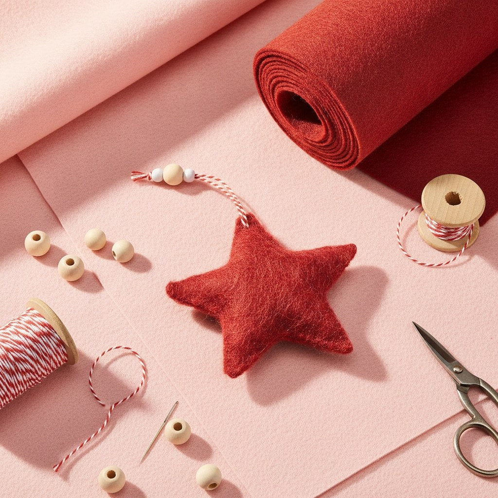 Roter Plüschstern im Flatlay neben Garnspule, Perlen und Schere auf rosafarbener Unterlage