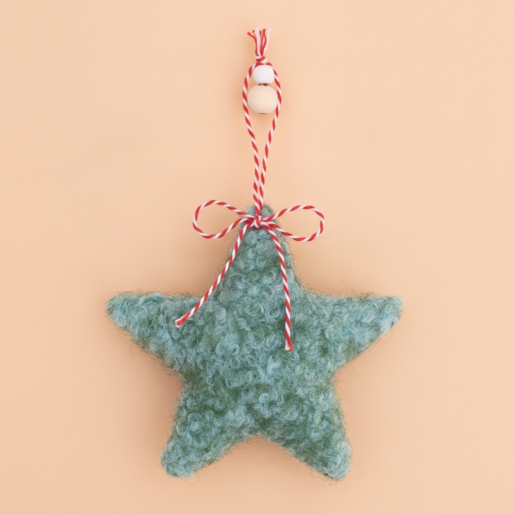 Nahaufnahme türkisfarbener Plüschstern mit lockiger Stofftextur und gebundenem Schleifenhänger