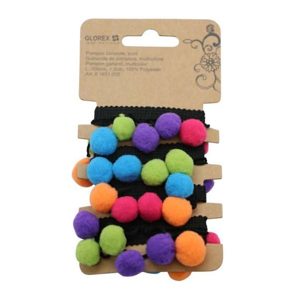 Bunte Pompon-Girlande mit schwarzen Band und bunten Büscheln