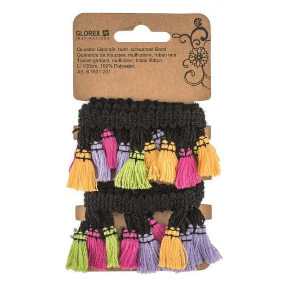 Bunte Quastengirlande auf schwarzem Band, Orange Pink Grün Lavendel, 1m Polyester Deko