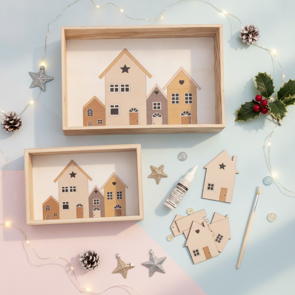 DIY Weihnachtsdeko Bastelset mit ungemalten Holzrahmen und Hausfiguren zum Selbermachen