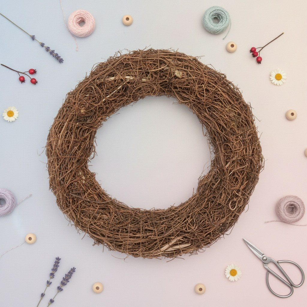 Kompakter Rebkranz fein 15cm braun mit filigraner Naturtextur als Floristikbasis