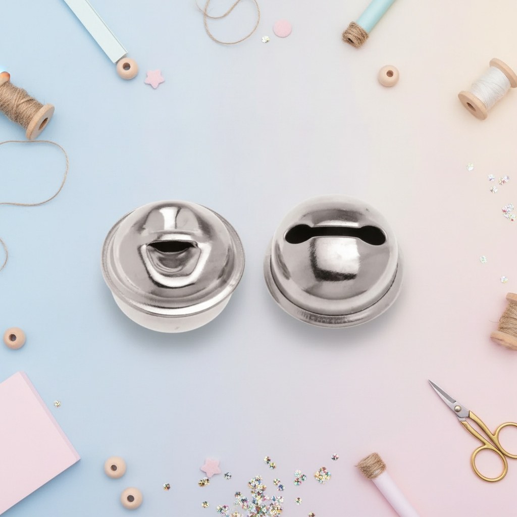 Silberne Rollenglöckchen 18mm Nahaufnahme mit Klappmechanismus und Schlupfschlitz für DIY-Deko