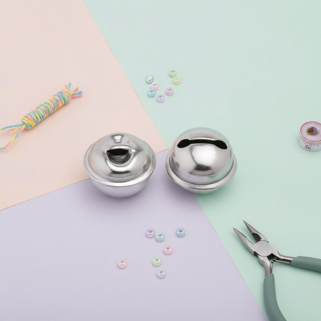Silberne Rollenglöckchen 22mm, Detailansicht poliertes Metall mit Befestigungsschlitz