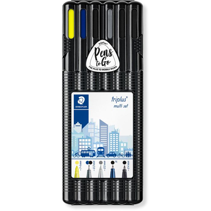 STAEDTLER Box mit 2 triplus fineliner schwarz/blau, 1 triplus ball M schwarz, 1 triplus roller schwarz, 1 triplus micro 0,5 mm und 1 triplus textsurfer gelb, "Black Box"