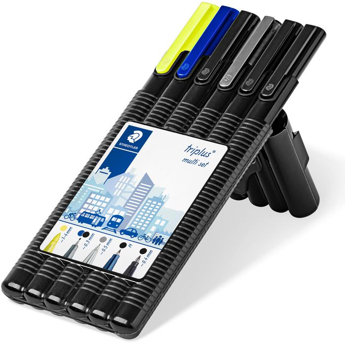 STAEDTLER Box mit 2 triplus fineliner schwarz/blau, 1 triplus ball M schwarz, 1 triplus roller schwarz, 1 triplus micro 0,5 mm und 1 triplus textsurfer gelb, "Black Box"