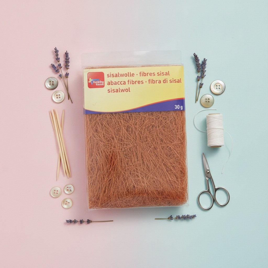 hellbraunes Sisalgras in transparenter PVC-Box mit gelbem Etikett, feine Naturfasertextur